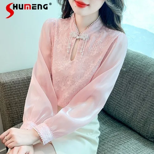 

Spring Fall Blusas Femme Heavy Industry Beads Chinese Knot Button Shirt Women's 2023 Autumn New Younger Long-Sleeved Satin Top