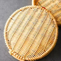 hand woven rattan round basket tray with handle bread fruit food storage platters plate for breakfast drink snack coffee tea