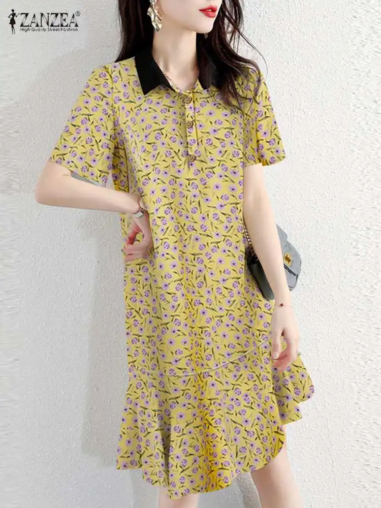 

Элегантное платье-рубашка ZANZEA с коротким рукавом и цветочным принтом, женское мини-платье 2022 с воротником с лацканами, модное богемное офис...
