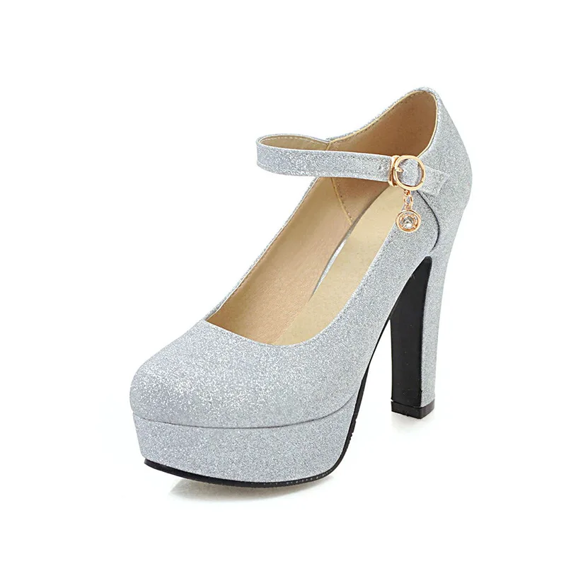 

Wedding Women Pumps PU 11.5CM Square Heel Round Toe Buckle Strap Street Style British Style Platform Sexy Shoes For Women Gold