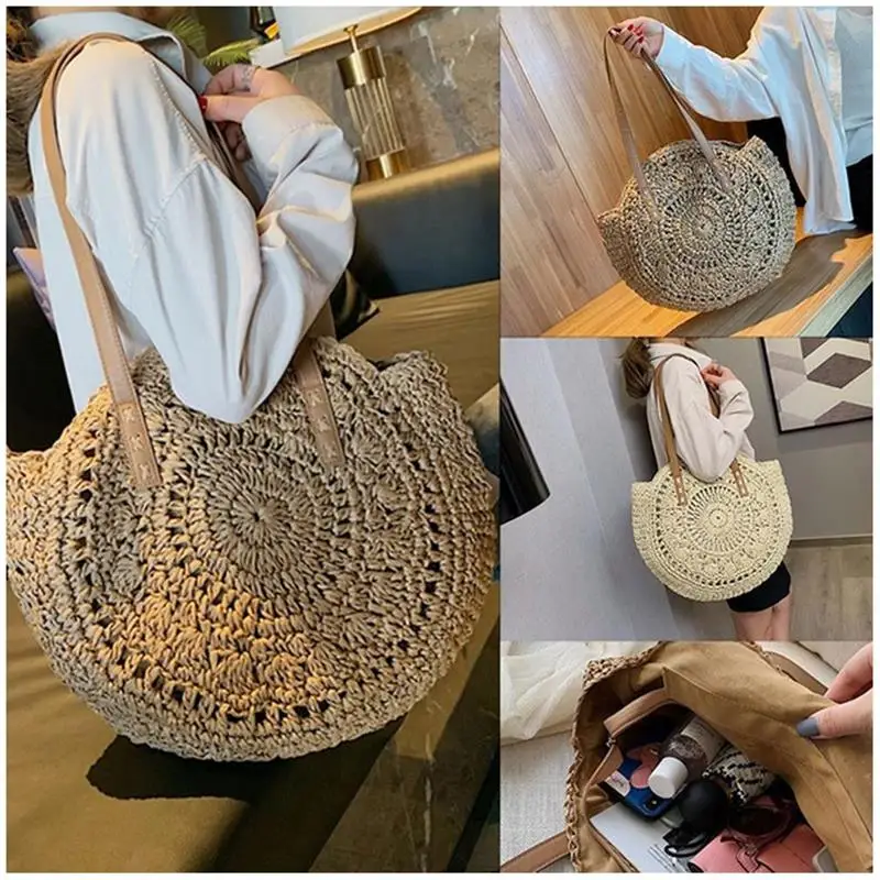 

2021 Summer Round Straw Bags for Women Rattan Shoulder Bag Handmade Woven Beach Handbags Female Message Handbag Totes Bag