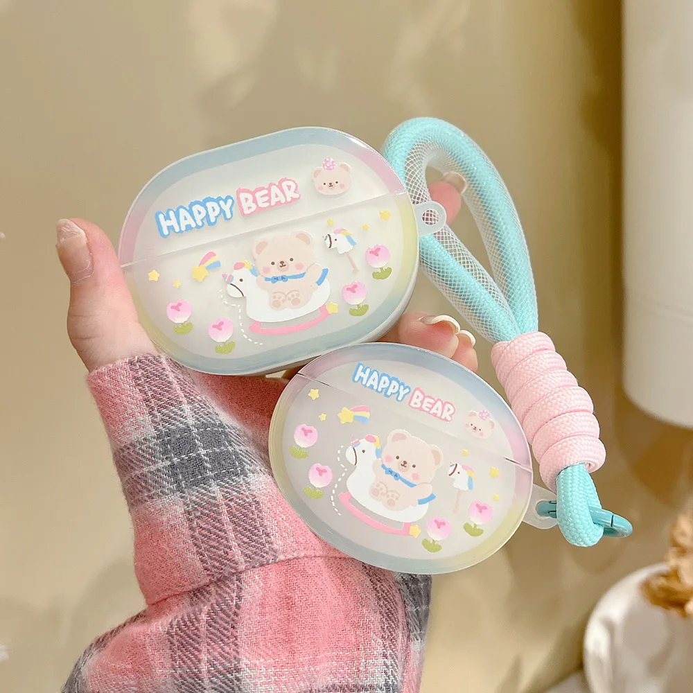 

Korean Cute Unicorn Bear Case For Huawei Freebuds 5i 4i 4 Pro 4E 3 Soft TPU Wireless Headset Charging Box Cover Lanyard Keychain