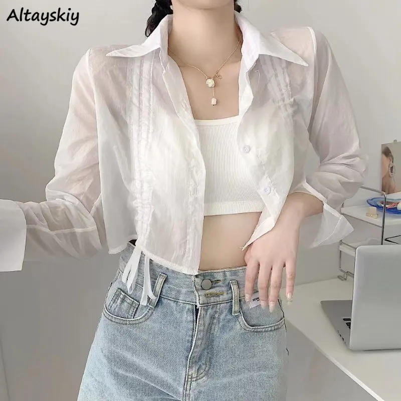 

White Shirts Women Literary Simple Sun-proof Thin Summer Hotsweet Sheer Female Graceful Korean Style Loose Breathable All-match