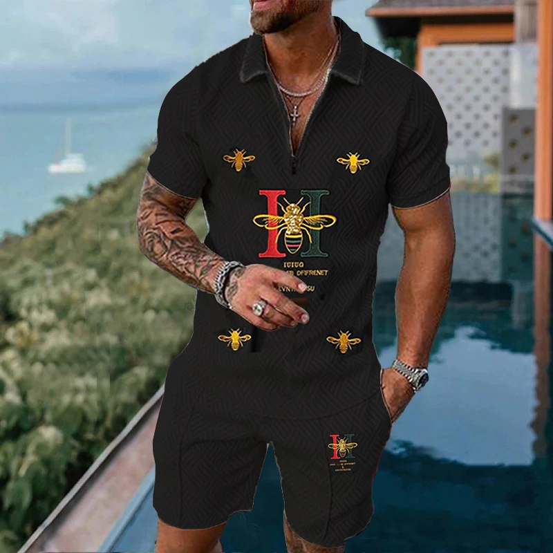 Summer Outdoor Sportswear Suit High-Quality Striped Print Polo Shirt Suit Streetwear Short Sleeve and Casual Shorts 2 Piece Suit
