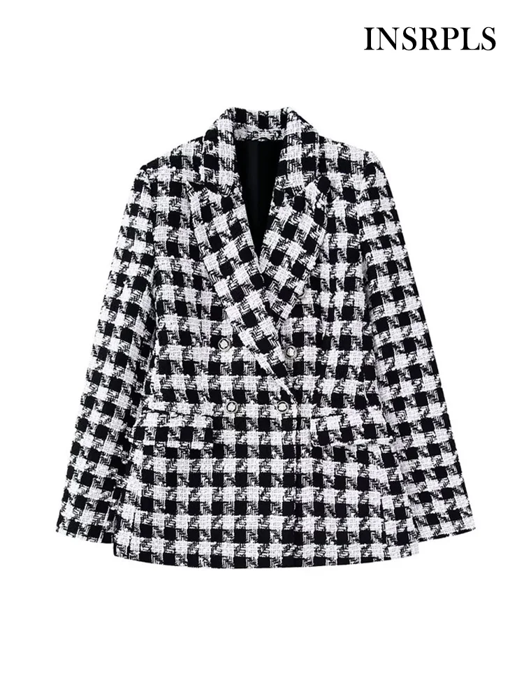 

INSRPLS Women Fashion Houndstooth Checkered Tweed Blazer Coat Vintage Long Sleeve Flap Pockets Female Outerwear Chic Veste