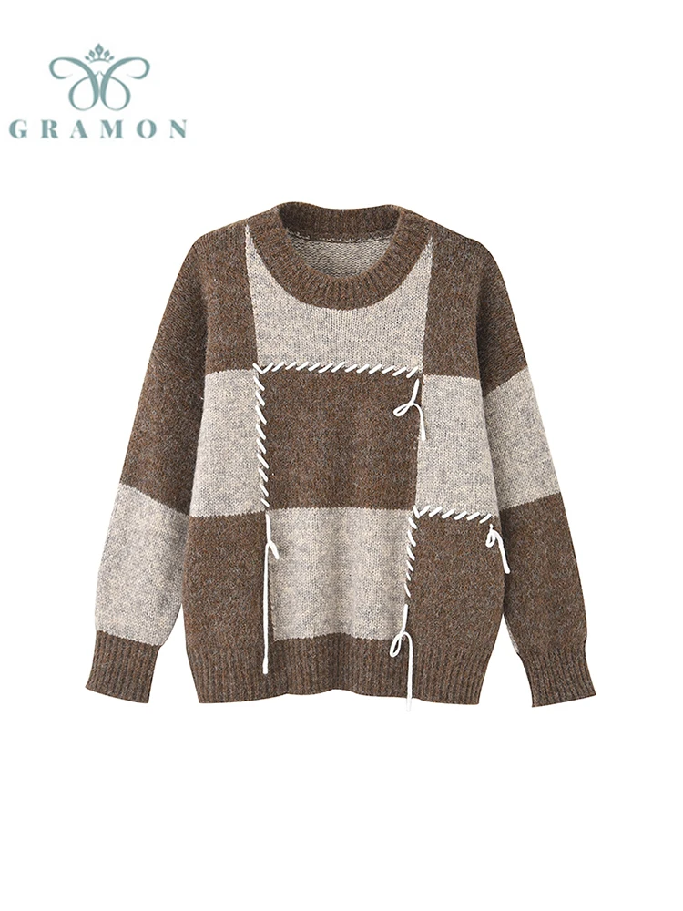 

Lattice O Neck Sweater 2022 Spring Autumn Korean Fashion Baggy Long Sleeves Oversized Vintage Knitted Cashmere Sweater Lazy Tops