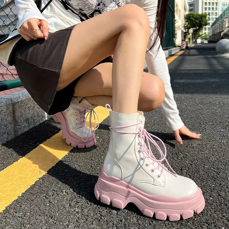 

Booties Punk Style Short Shoes for Women Pink Lace-up Biker Footwear Combat Female Ankle Boots with Laces Sale Y2k Spring 2023