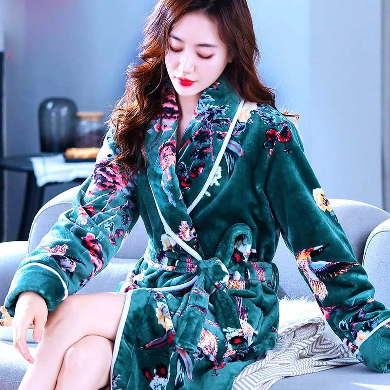 Women Robes Winter Warm Pajamas Fashion Casual Coral Fleece Sleepwear Home Clothes Floral Dressing Gron Kimono Hotel Bathrobe