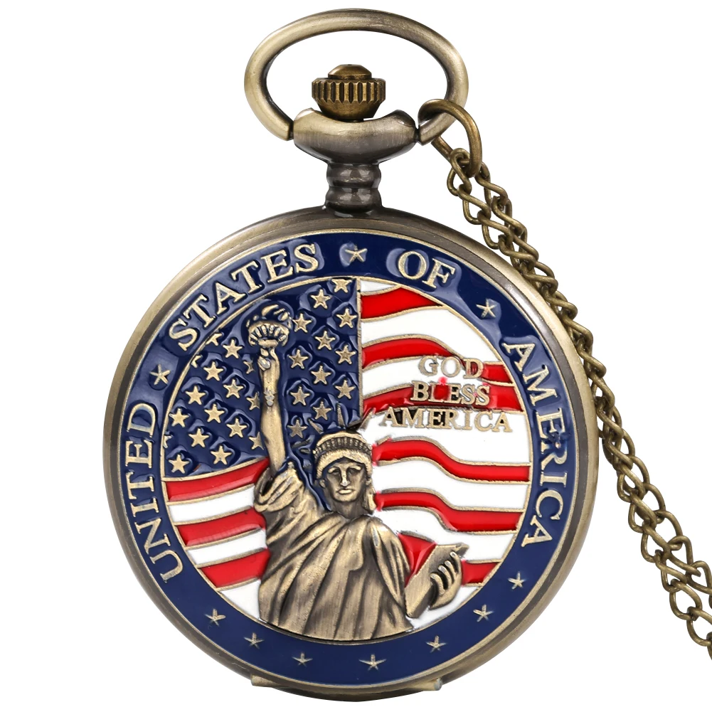 

Statue of Liberty Quartz Necklace Pocket Watch Fashion United States of America Pendant Clock GOD Bless America Art Collectibles