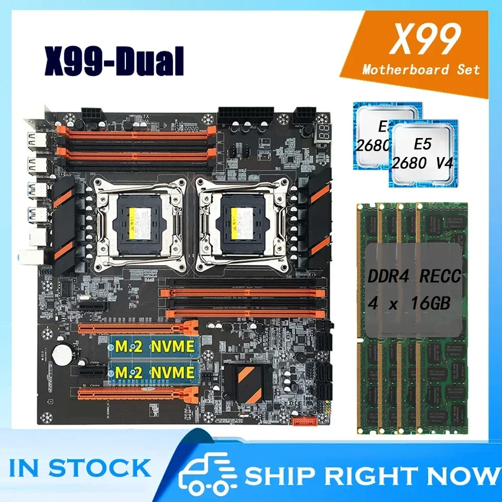 Комплект материнской платы X99 с двумя процессорами и E5 2680 V4 64 ГБ DDR4 Ram 2400 МГц