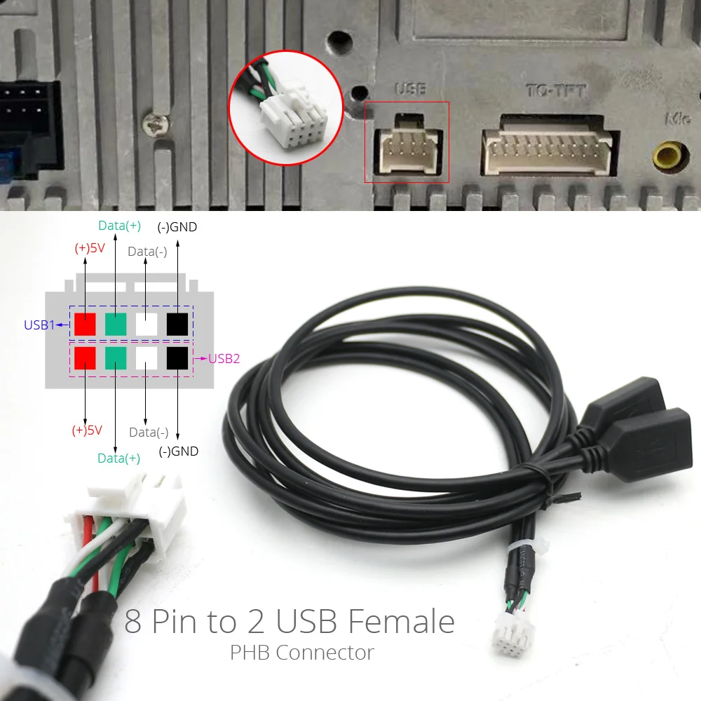 Фото Универсальный кабель-адаптер с двумя USB-разъемами (женские) на 6/8-контактный PHB для автомобильных Android-магнитол №5