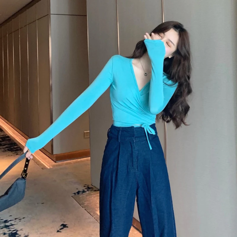 

2022Deep V long-sleeved short camisole women's summer self-cultivation inside and outside wear temperament long-sleeved T-shirt
