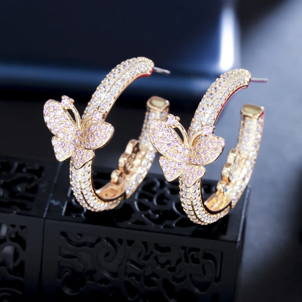

ThreeGraces Fashion Pink Cubic Zirconia Crystal Cute Butterfly Shape Circle Round Hoop Earrings for Women Party Jewelry ER828