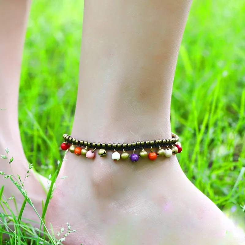 

Bohemian Retro Style Charm Anklet Accessories For Women Turquoise Bell Female Wax Thread Hand-woven Beach Holiday Female Jewelry