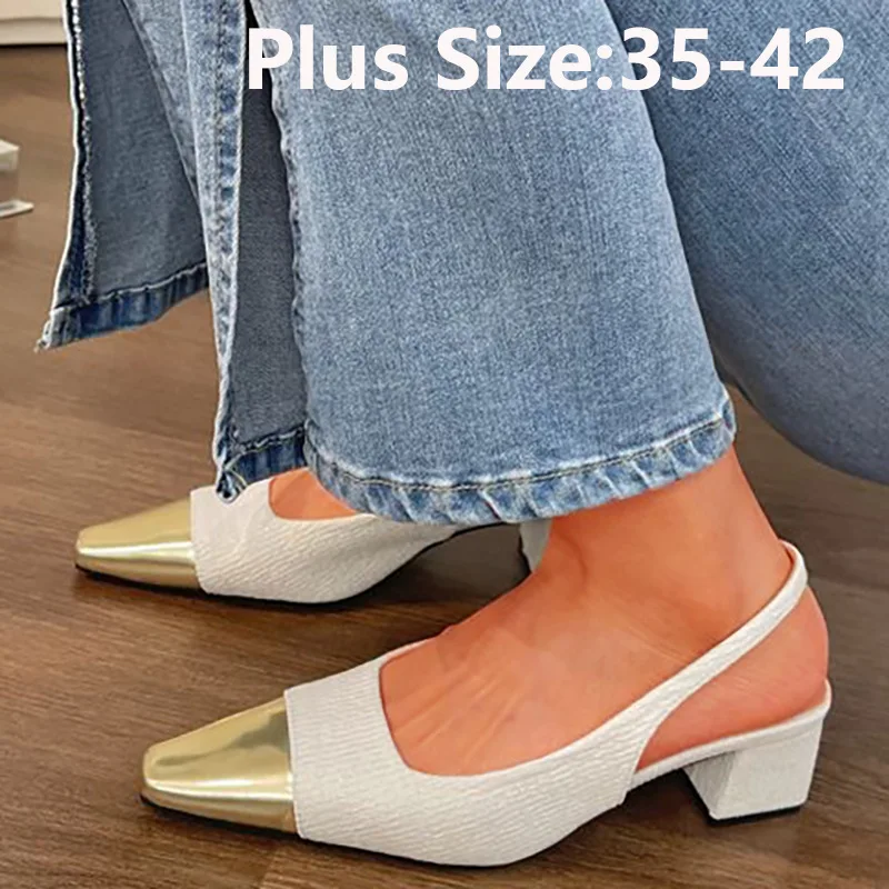 Fashion Baotou Single Shoes 2023 Spring/Summer New Mid Heel Thick Heel Square Head Sandals Color Matching Women's Shoes Large