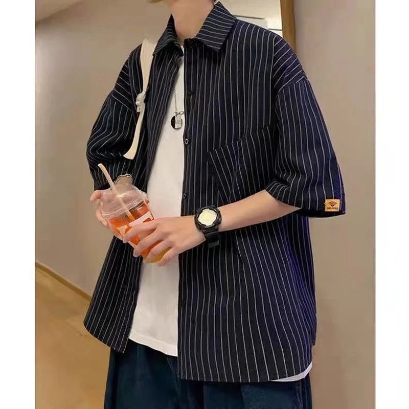 High Quality Summer Short Sleeve Striped Shirts for Men Clothing 2022 Simple Loose Fit Business Casual Streetwear Blouses E55