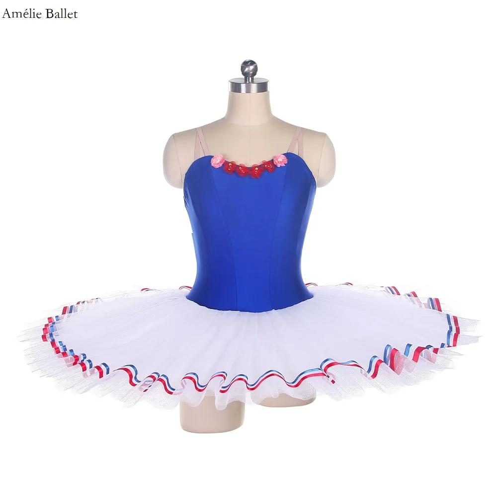 

BLL487 Royal Blue Spandex Bodice with White Pancake Tutu Skirt Pre-professional Ballet Tutu Adult/Girls Ballerina Dance Costumes