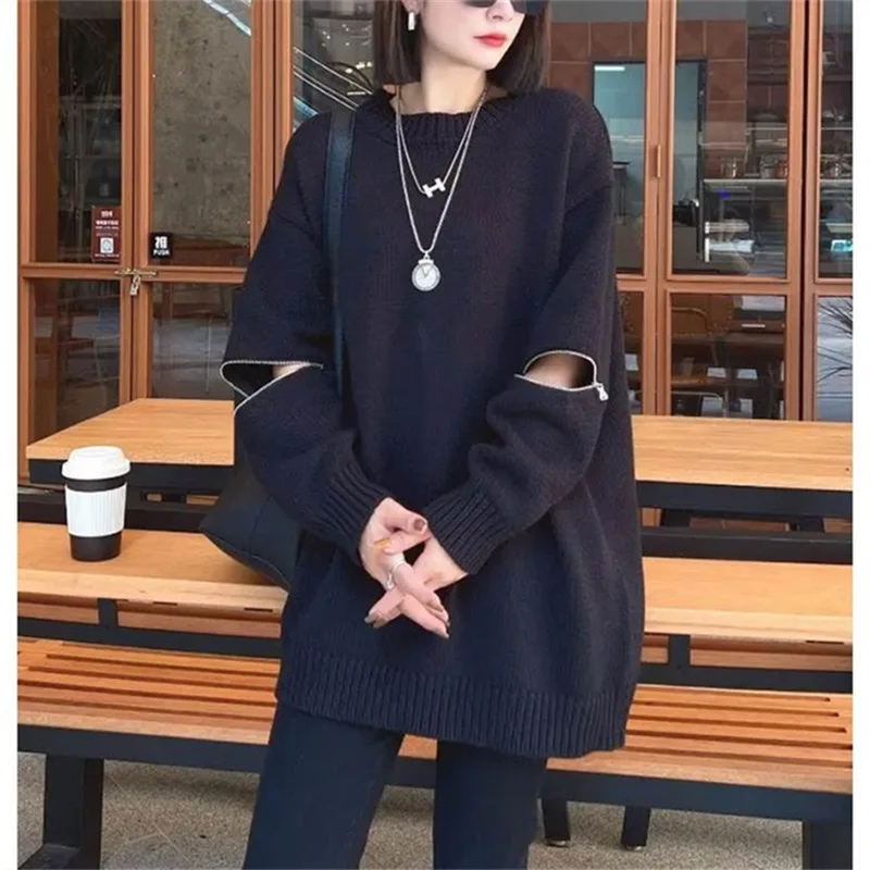 

Autumn/winter new niche zipper design long-sleeved knit women's languid pullover sweater