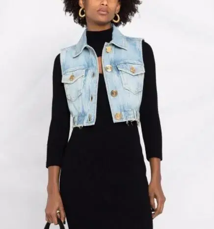 

126770 Luxury Designer Clothes Fashion Classic Trendy Metal Button Denim Cardigan Short Vest