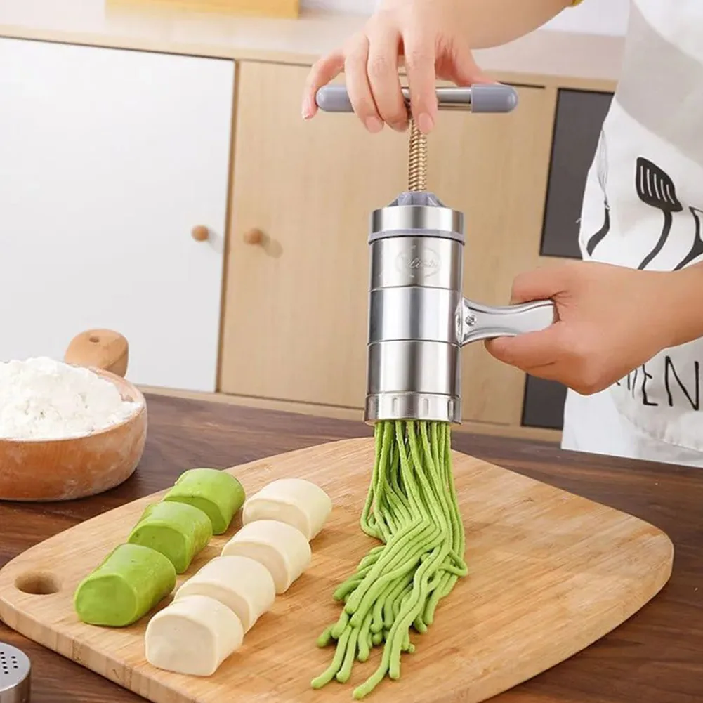 

Manual Stainless Steel Noodle Maker 5 Different Mold Press Pasta Machine Spaghetti Noodle Make Tool Hand Squeezing Noodle Tool