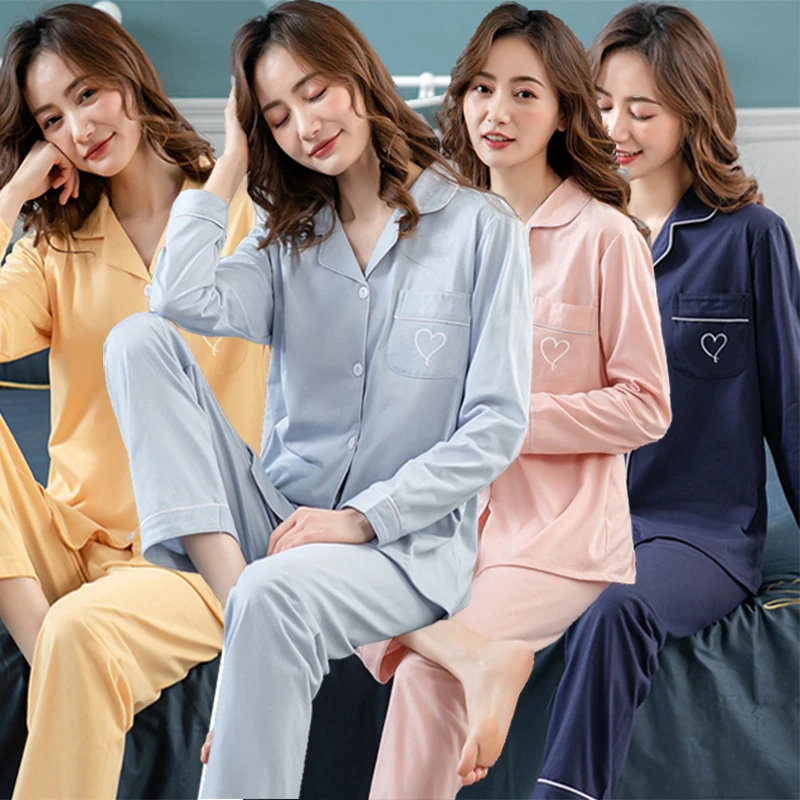 

2022 Autumn 100% Cotton Long Sleeve Pajama Sets for Women Korean Loose Sleepwear Suit Pyjamas Homewear Pijama Mujer Home Clothes