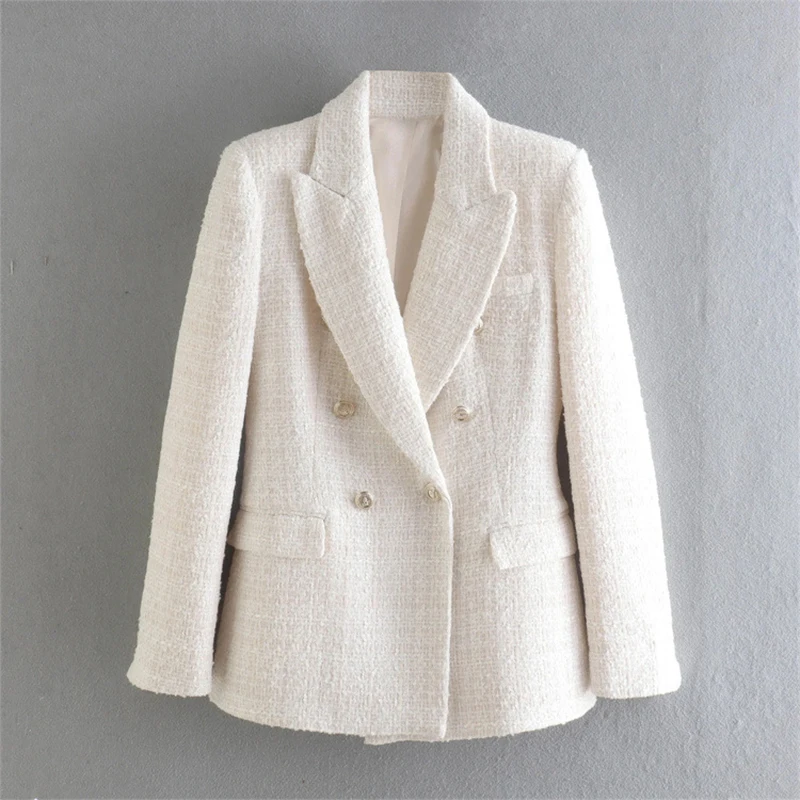 

Autumn Women Jacket Fashion Double Breasted Texturing Blazer Coat Vintage Long Sleeve Pockets Female Outerwear Clothing