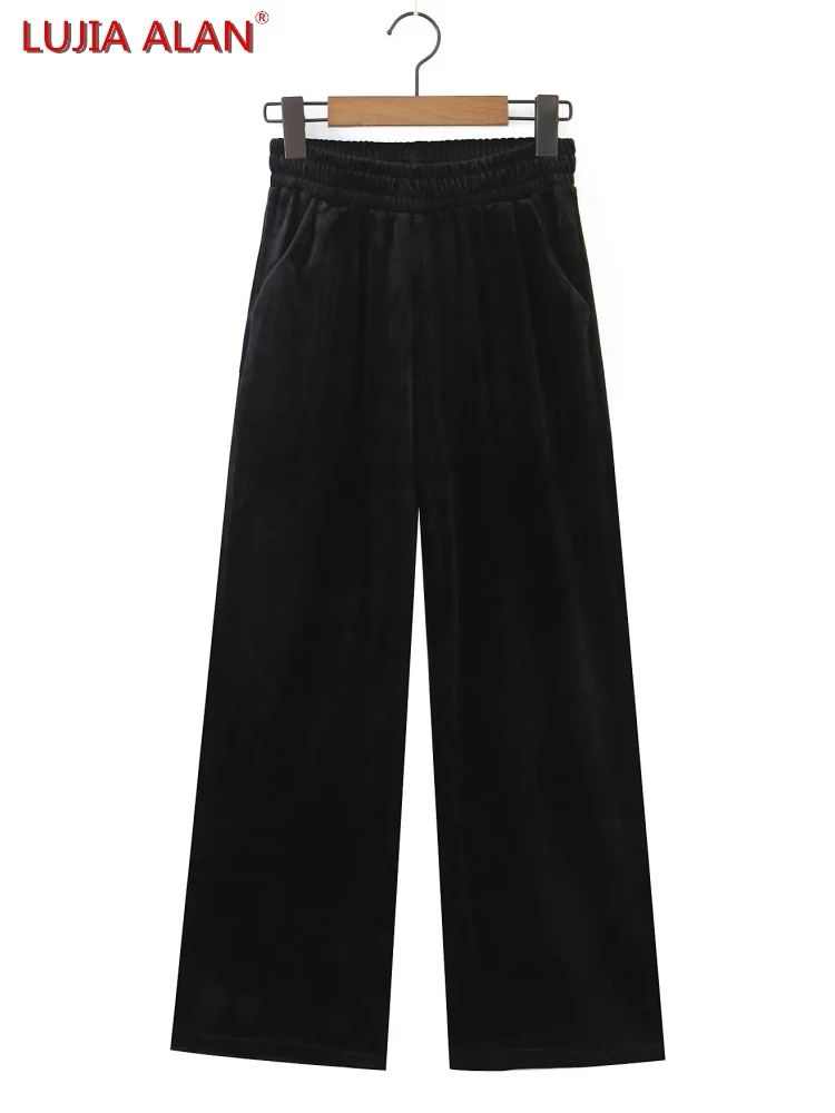 

Новые женские черные бархатные брюки до щиколотки с эластичным поясом повседневные свободные прямые брюки LUJIA ALAN P3197