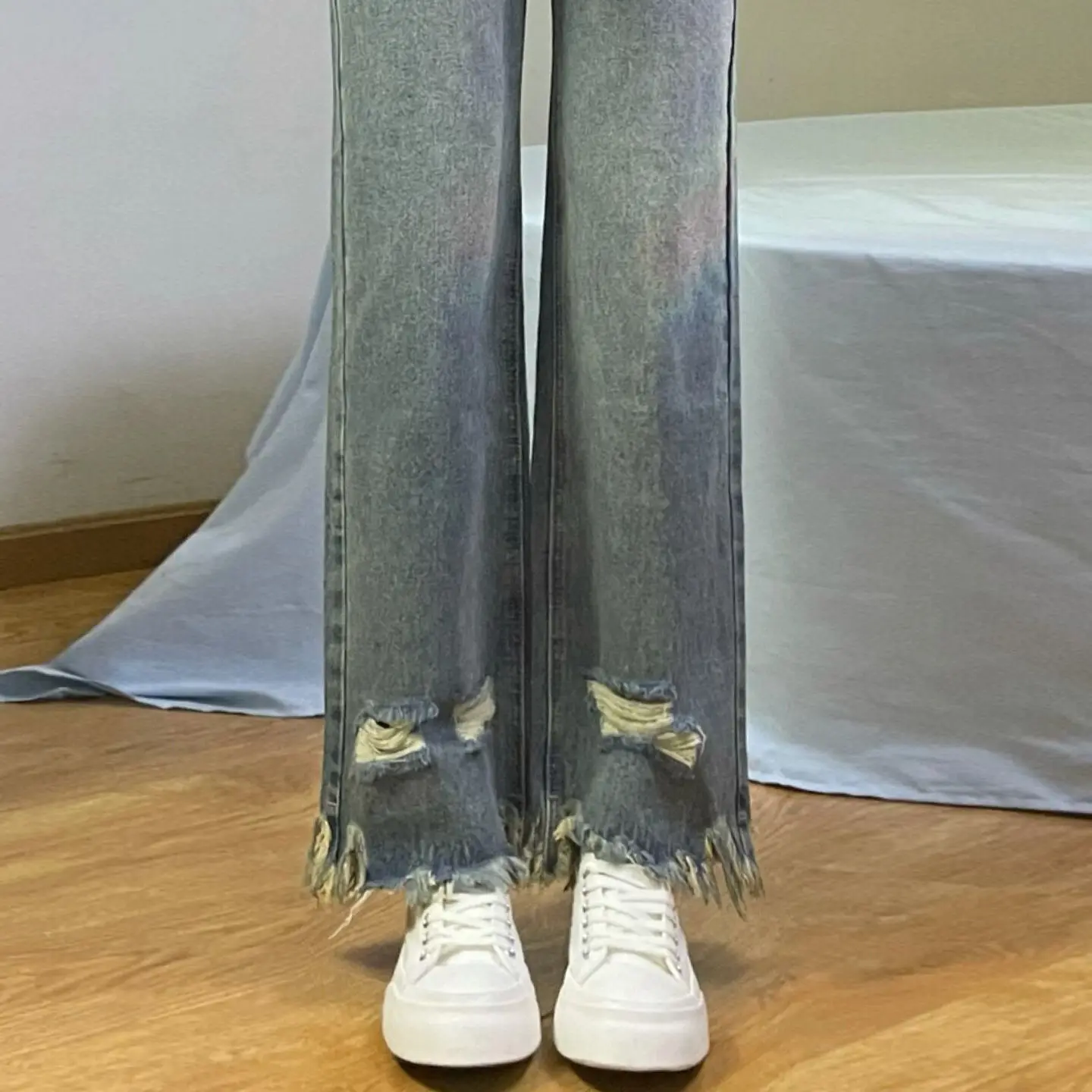 

Vintage Tattered Jeans Women's Autumn Korean High Waist Straight Leg Pants Loose And Versatile Wide Leg Pants Trend