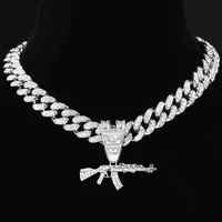 punk gun crystal pendant necklace iced out cuban choker for women men gold silver color zircon chain necklace hip hop jewelry