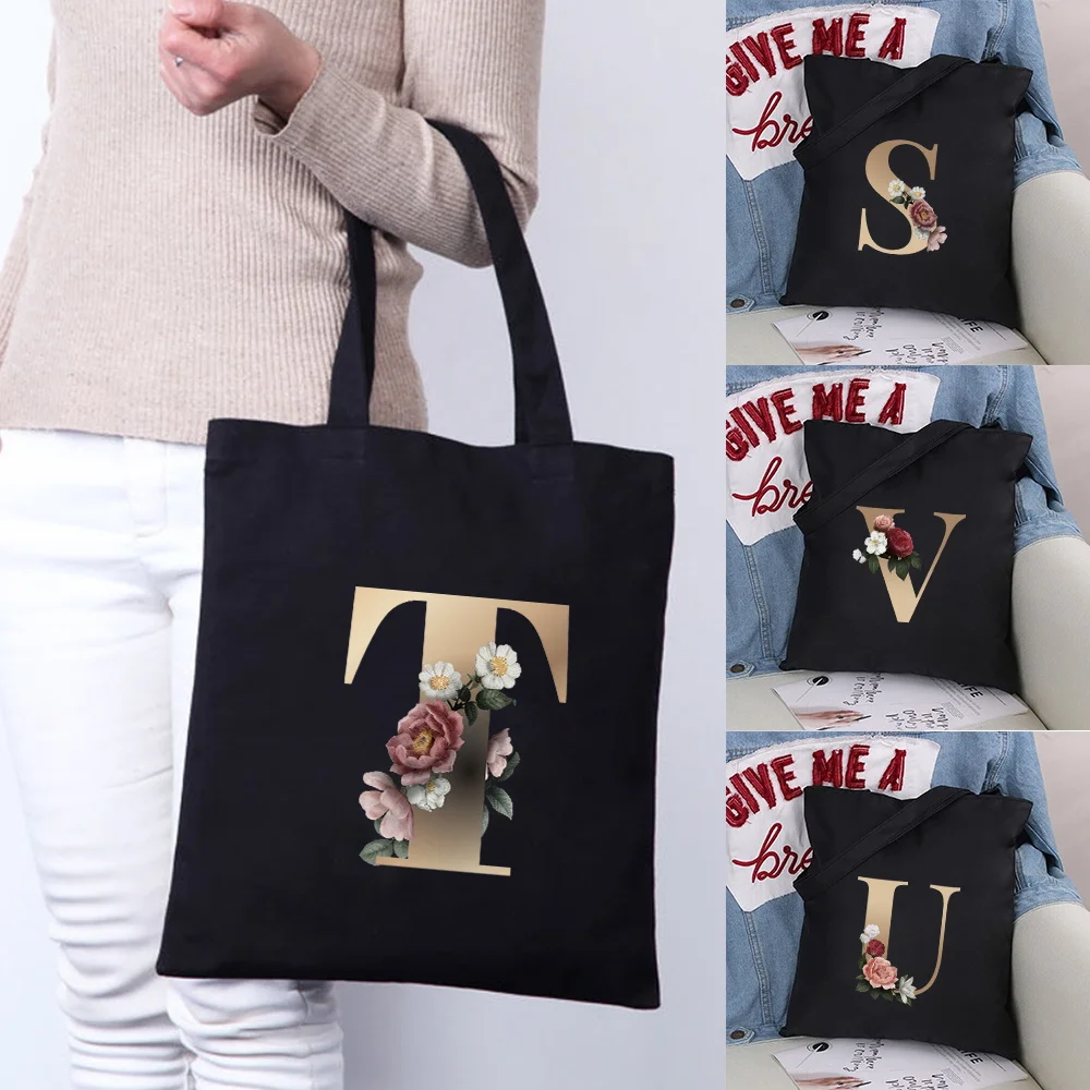 

Shopping Bag Women Shoulder Bag Ladies Shopper Canvas Handbag Commute Large Capacity Tote Gold Letter Print School Storage Bag