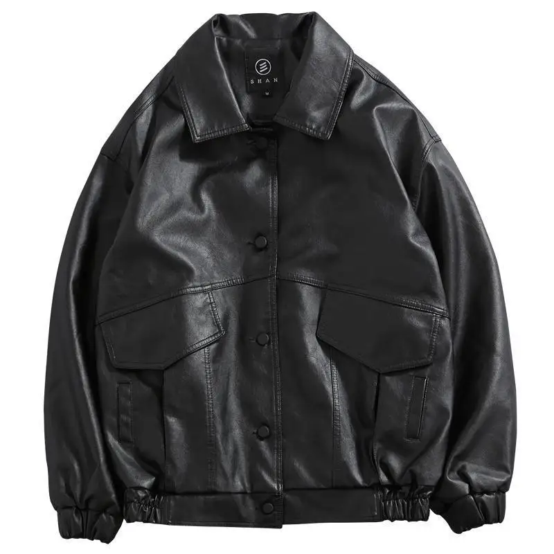 

Куртка мужская из искусственной кожи, мотоциклетный Повседневный свободный жакет из мягкой искусственной кожи, с карманами, черная Байкерская Одежда