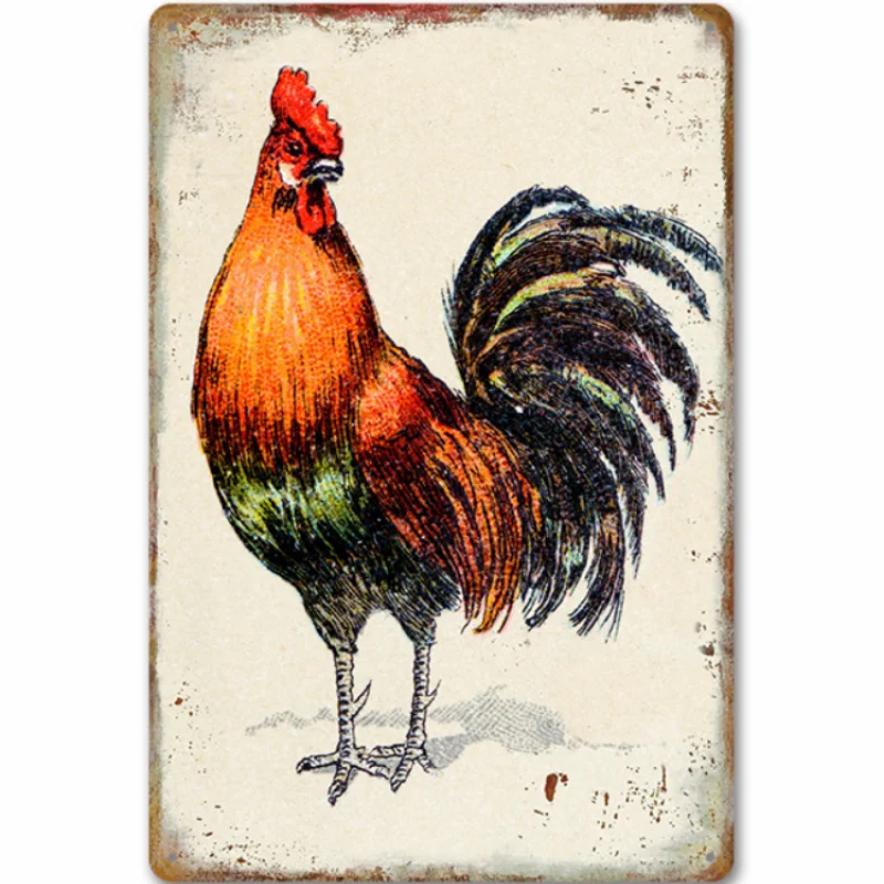 

art vintage poster Rooster tin painting frameless decorative mural on farm background wall Home interior