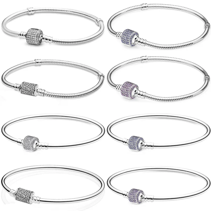 

Original 925 Sterling Silver Blue Purple Sparkling Barrel Clasp Snake Chain Bracelet Bangle For Pandora Bead Charm Diy Jewelry