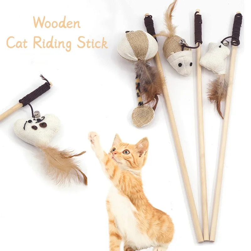 

Wooden Poles Feather Toys Kitten Funny Colorful Rod Cat Wand Toys Wood Pet Cat Toys Interactive Stick Pet Cat Supplies