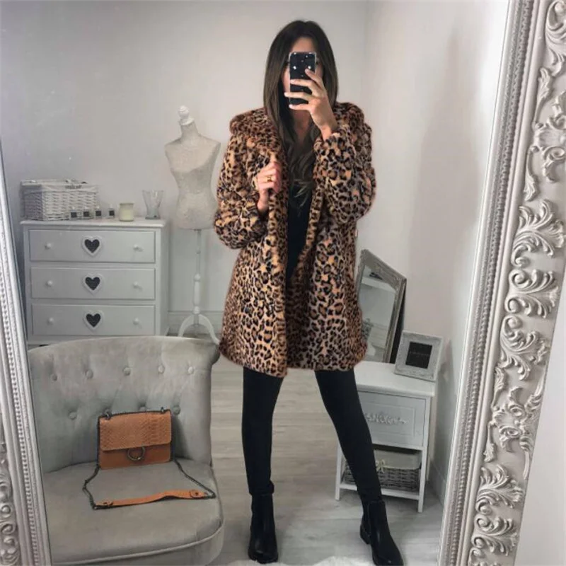 Leopard print faux fur leather jacket womens hood winter autumn warm Mid-length fur leather coat women loose jackets B336