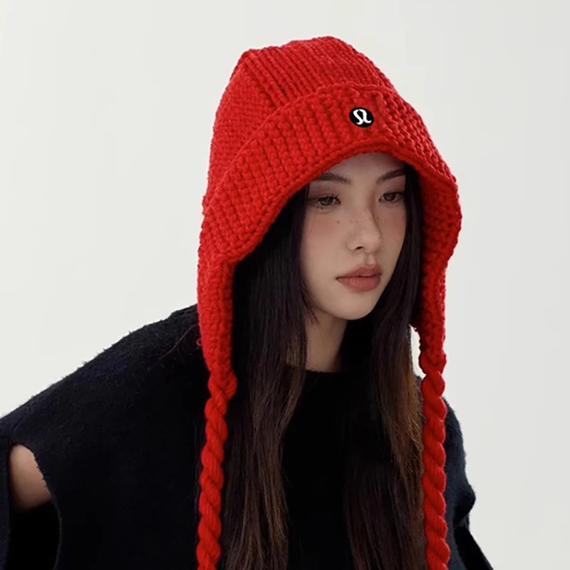 Nnny Lulu Hat Solid Lace-up Knitted Wool Flight Helmet Women Autumn and Winter Earmuff Student Lei Feng