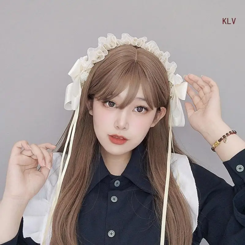 

Girls Pleated Lace Headband with Bowknot Elegant Headband Makeup Live Broadcast Hair Hoop Cosplay Party Headpiece