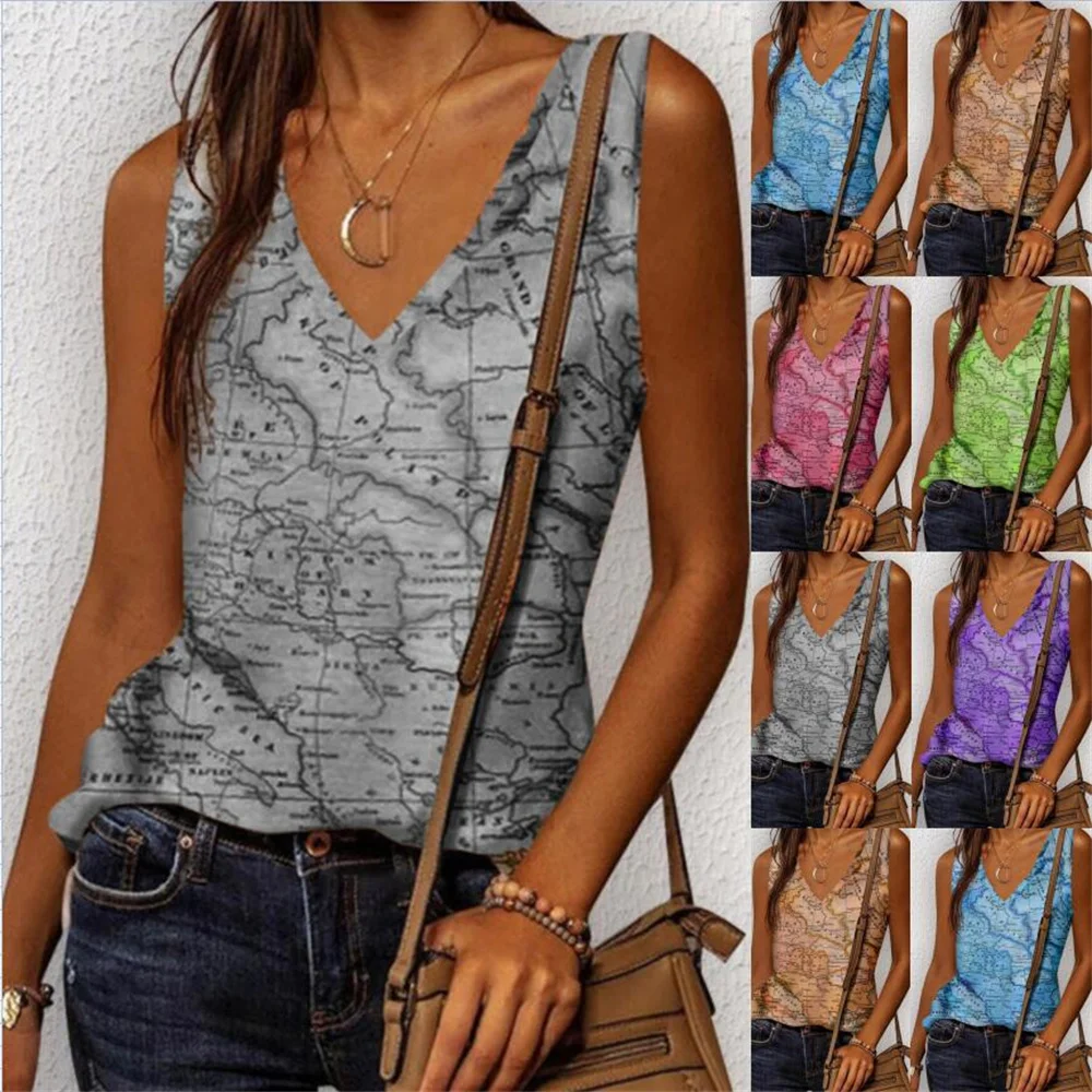 

European and American spring/summer 2022 new women's map printed sleeveless vest