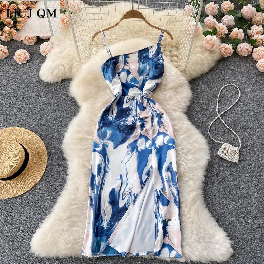 

Женское облегающее платье на бретельках, Элегантное синее платье с разрезом сбоку и открытыми плечами, лето 2022