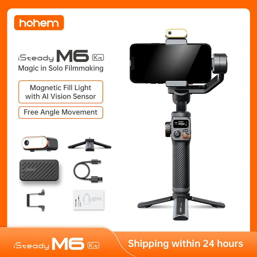 

Hohem iSteady M6 Kit Handheld Gimbal Stabilizer Selfie Tripod for Smartphone with AI Magnetic Fill Light Full Color Video Lights