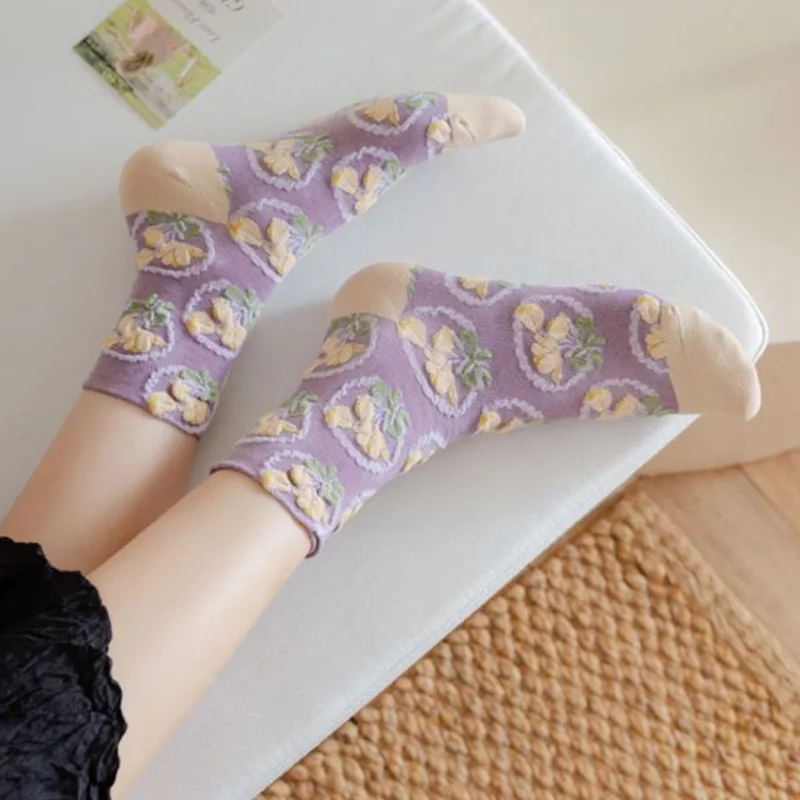 5 Pair Kawaii Frilly Socks Women Long Winter Cotton Socks Fashion Japan Style Purple Lolita Street Accessories Cute Socken Femm