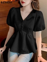sexy v neck pleated tops vonda women short sleeve tops 2022 casual baggy blouse casual loose blusas baggy femininas oversized