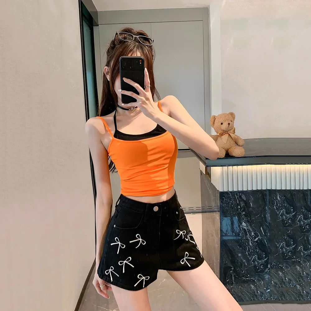 Милые джинсовые шорты в Корейском стиле с бантом и принтом облегающие голубые