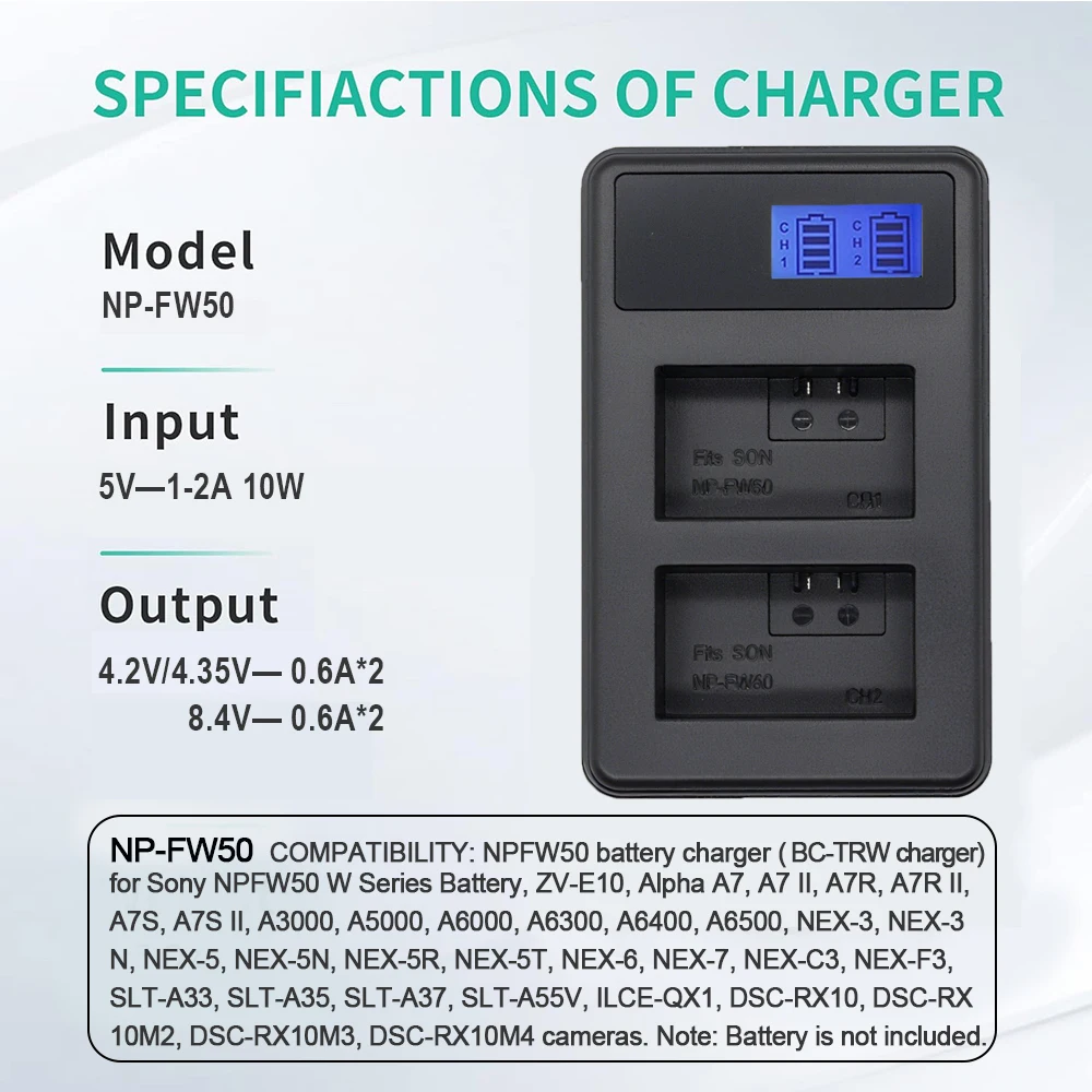 Фото Двухканальное зарядное устройство NP-FW50 с ЖК-экраном для Sony ZV-E10 A7 A7R A7S A6000 A6300 A6400 A6500 NEX-5 DSC-RX10 NEX-6 NEX-7 SLT-A37 №5