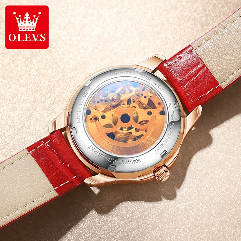 OLEVS Fashion New Women Automatic Mechanical Watch Luxury Diamond Womens Watches Trend Red Waterproof Leather Strap Luminous enlarge
