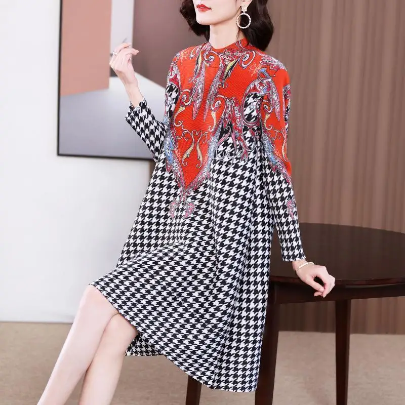 

Женское свободное платье в национальном стиле, элегантное Плиссированное Платье с принтом «гусиная лапка» и высоким воротником, весна 2023