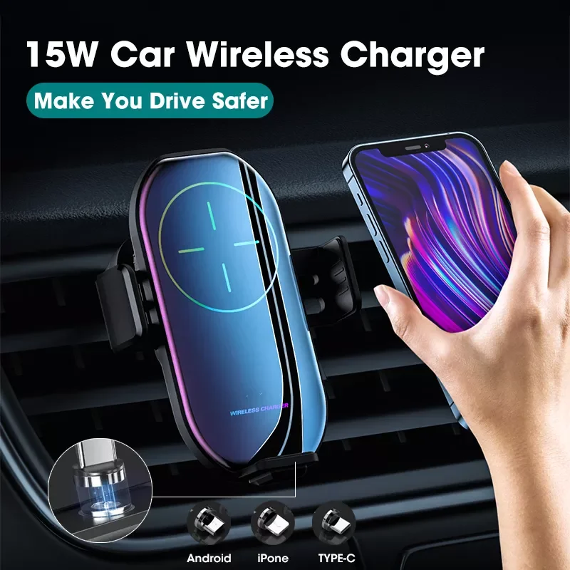 

A7 15W Wireless Charger Automatic Clamping Car Mount Phone Holder For Mobile Phone Infrared Induction QI Fast Charging Car Stand