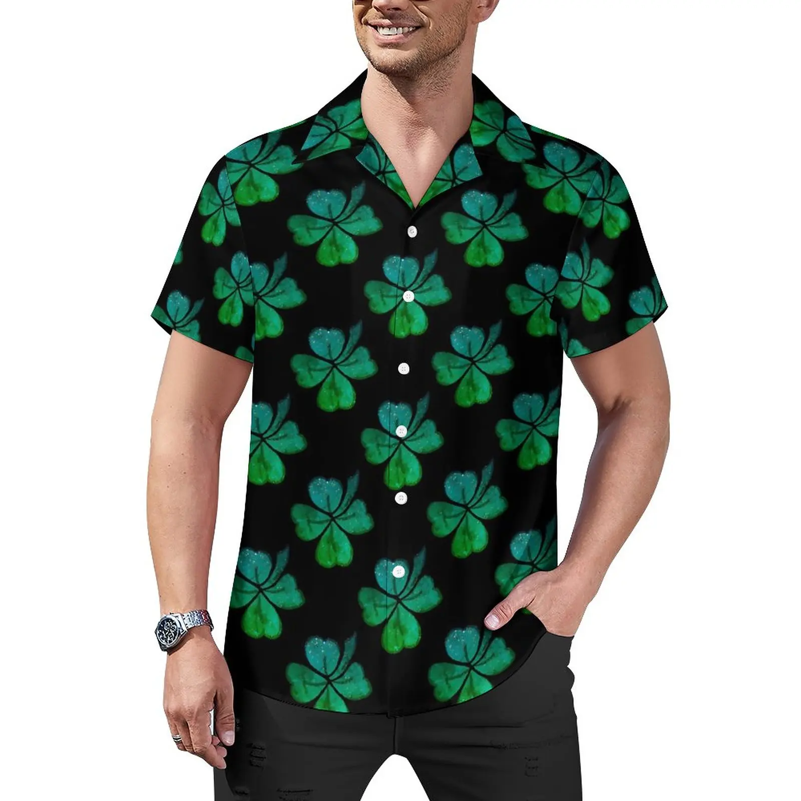 

Повседневные рубашки Shamrock Clover, рубашка для отпуска с принтом зеленых листьев, Гавайские стильные блузки, Мужская графика, размеры 4XL