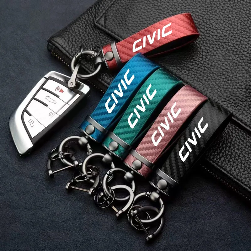 Carbon Fiber Pattern Leather Car Keychain Car Logo Keyring for CIVIC Car Accessories