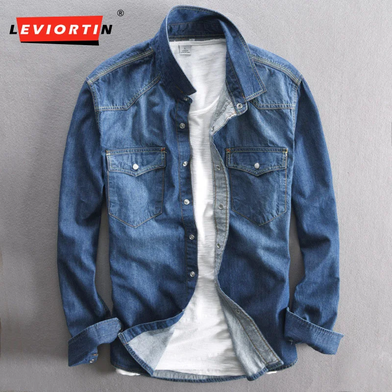Джинсовая рубашка с длинным рукавом для мужчин простые классические
